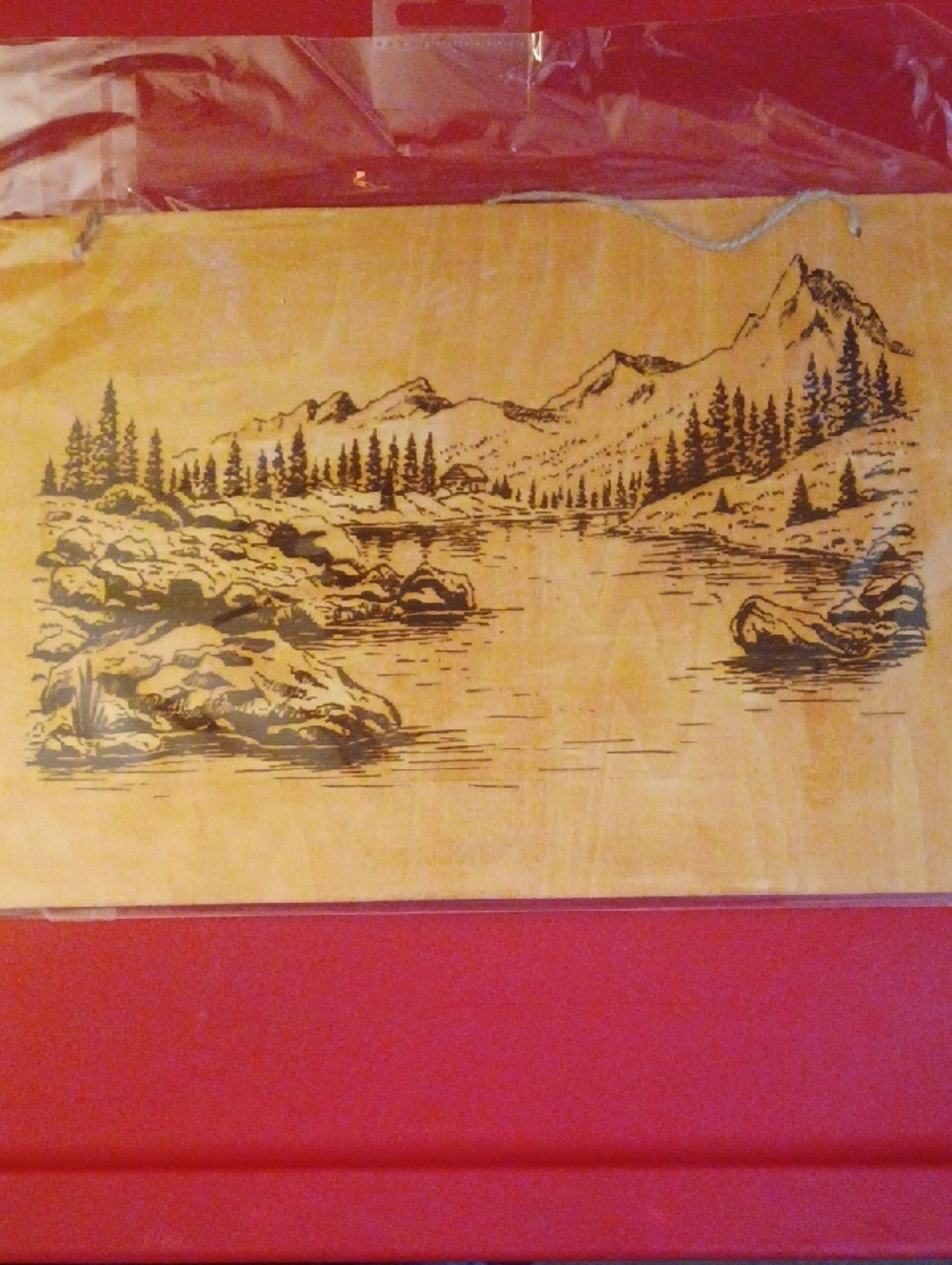 8x10 Wooden Wall Art Panel with Mountain Lake Scene in Natural Wood Tone